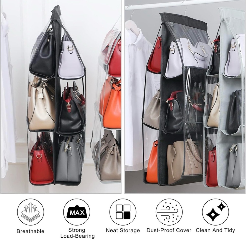 Hanging Handbag Organizer Dustproof Storage Holder Bag Wardrobe Black Lot of 2 - Picture 6 of 11